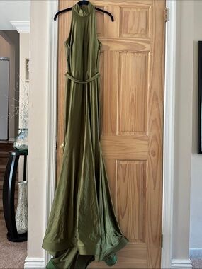 Olive Green Maxi Halter Gown with Waist Sash